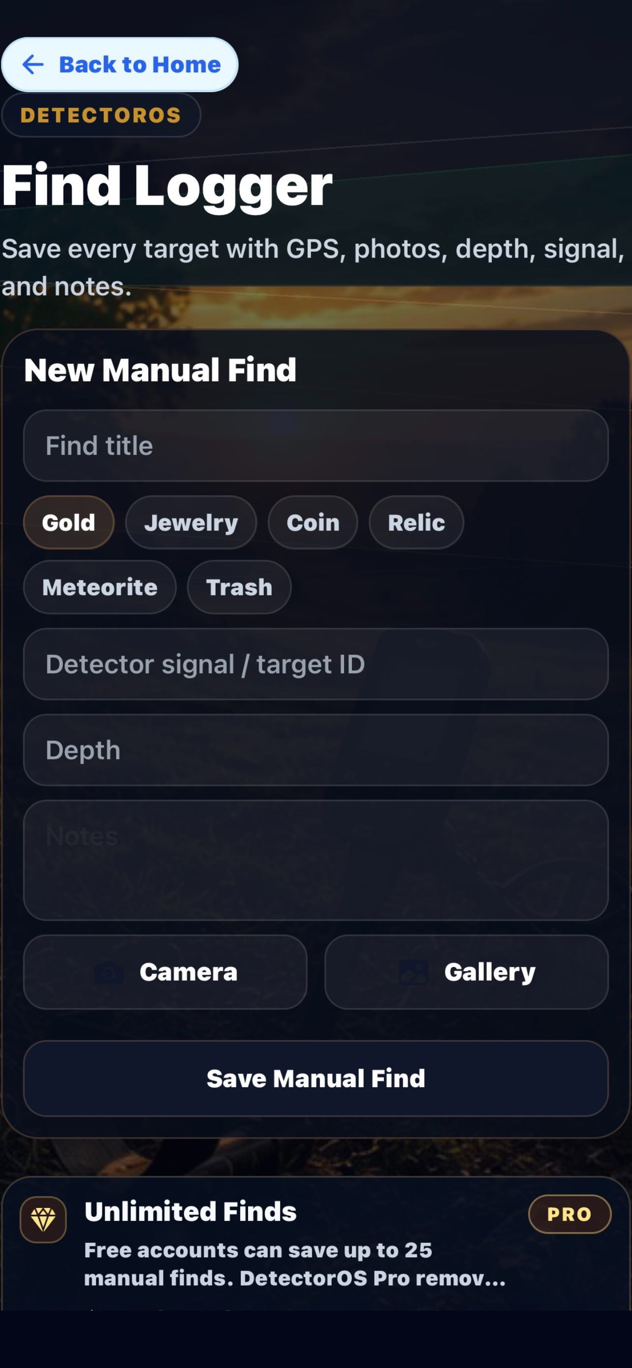 DetectorOS Find Logger screen