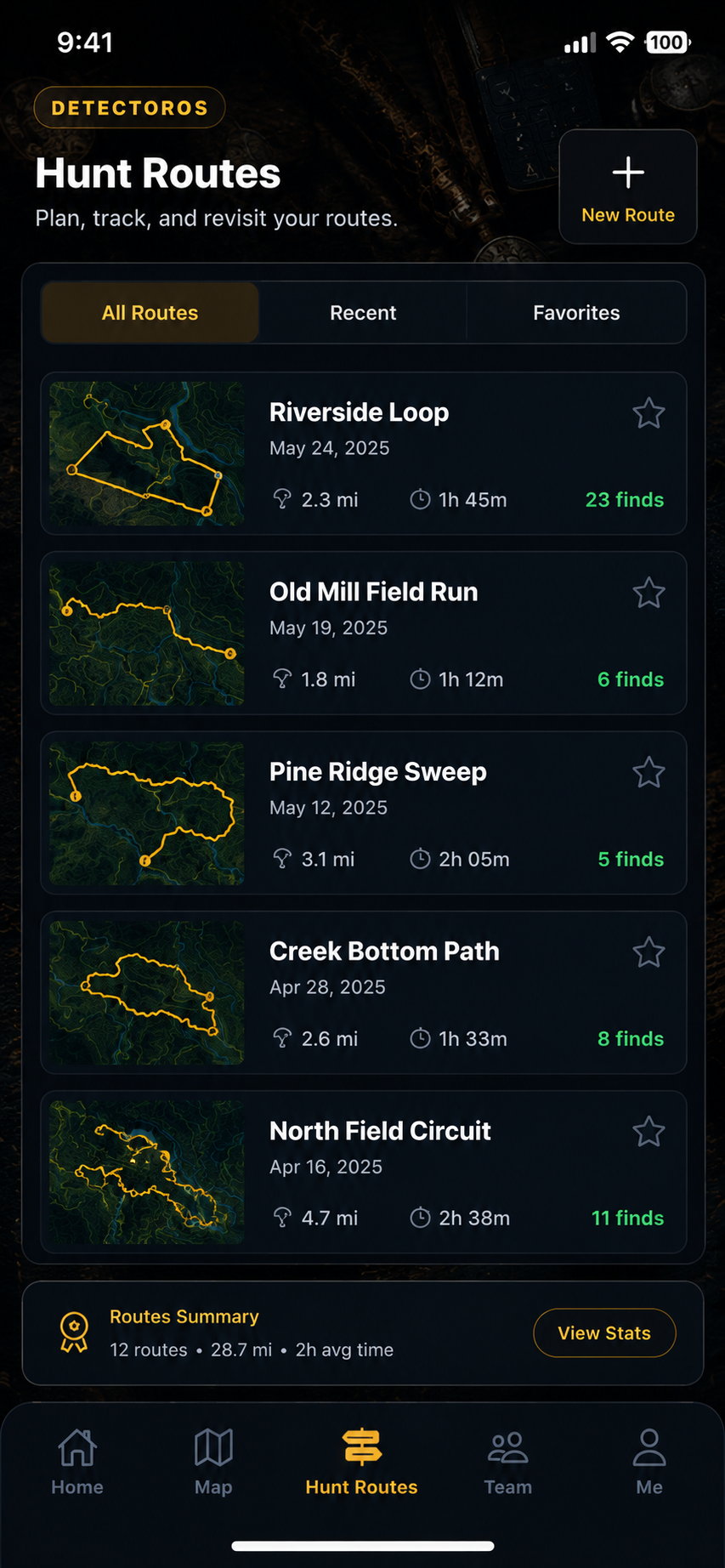 DetectorOS Hunt Routes screen